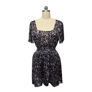 Nuna Lie Black Floral Print Square Neck Smocked Waist Mini Dress Made in Italy M